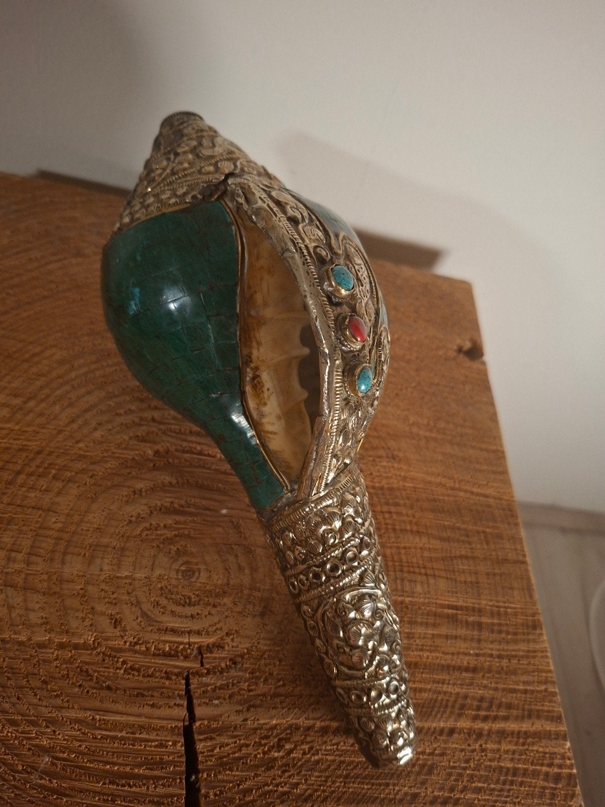 Boeddhistische turquoise conch trompet -TIBET-, Antiek en Kunst, Ophalen of Verzenden