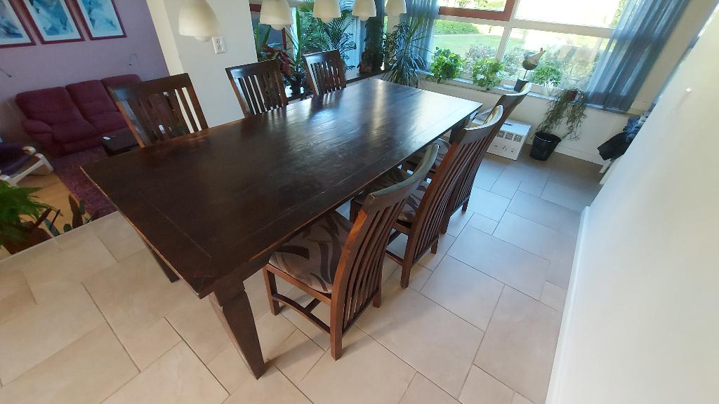 Koloniale eettafel 220 x 100 cm, met 6 stoelen, Ophalen, Gebruikt, 100 tot 150 cm, Koloniaal