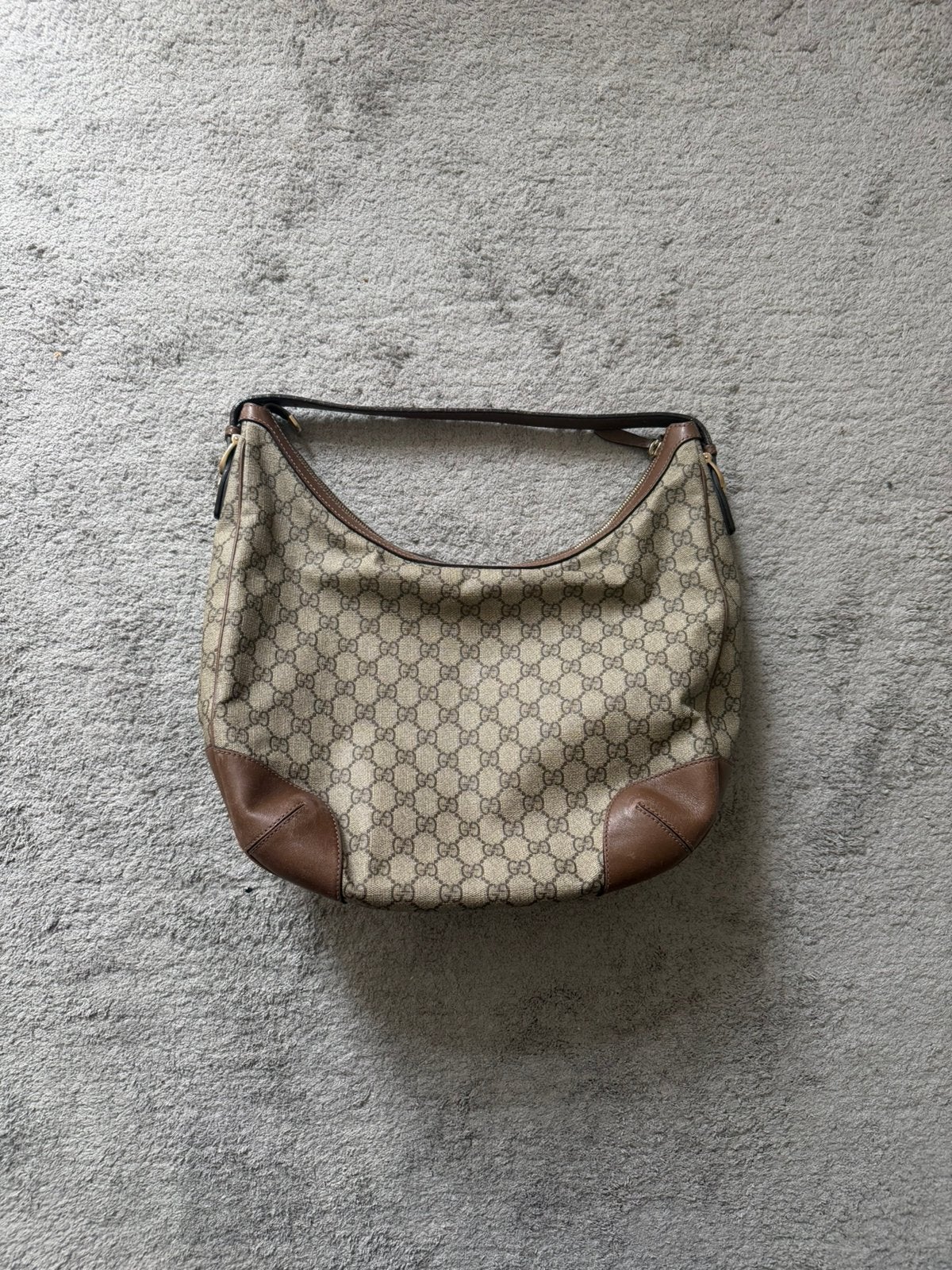 Gucci GG Supreme Canvas Hobo Bag — Brown Leather Trim, Ophalen, Zo goed als nieuw, Bruin, Schoudertasje