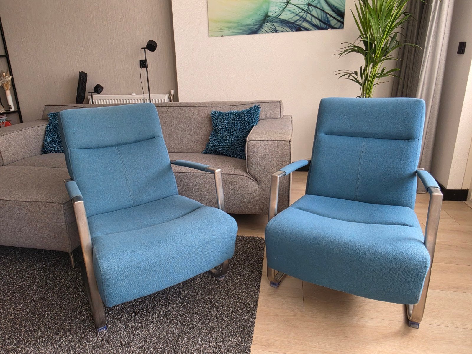 Patrol blauwe fauteuils met rvs frame, Huis en Inrichting, Fauteuils, Stof, 50 tot 75 cm, 75 tot 100 cm, Ophalen
