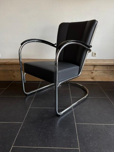 Gispen 412S fauteuil, chroom, grafiet grijs leder, Design, 75 tot 100 cm, Zo goed als nieuw, Leer