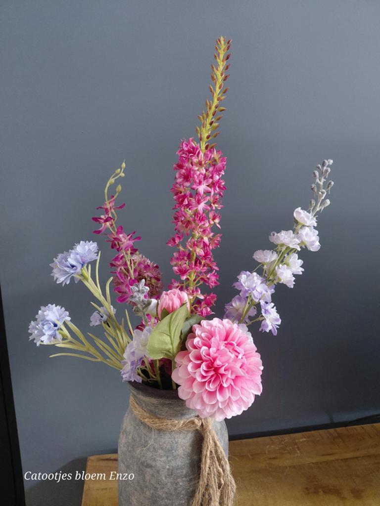 Prachtig kunstbloemstuk in roze en paarse tinten, 40 cm, Roze, -, Handgemaakt