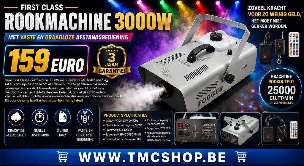 Nieuwe First Class Rookmachine 3000W, Ophalen of Verzenden, Nieuw, Licht, Geluidgestuurd