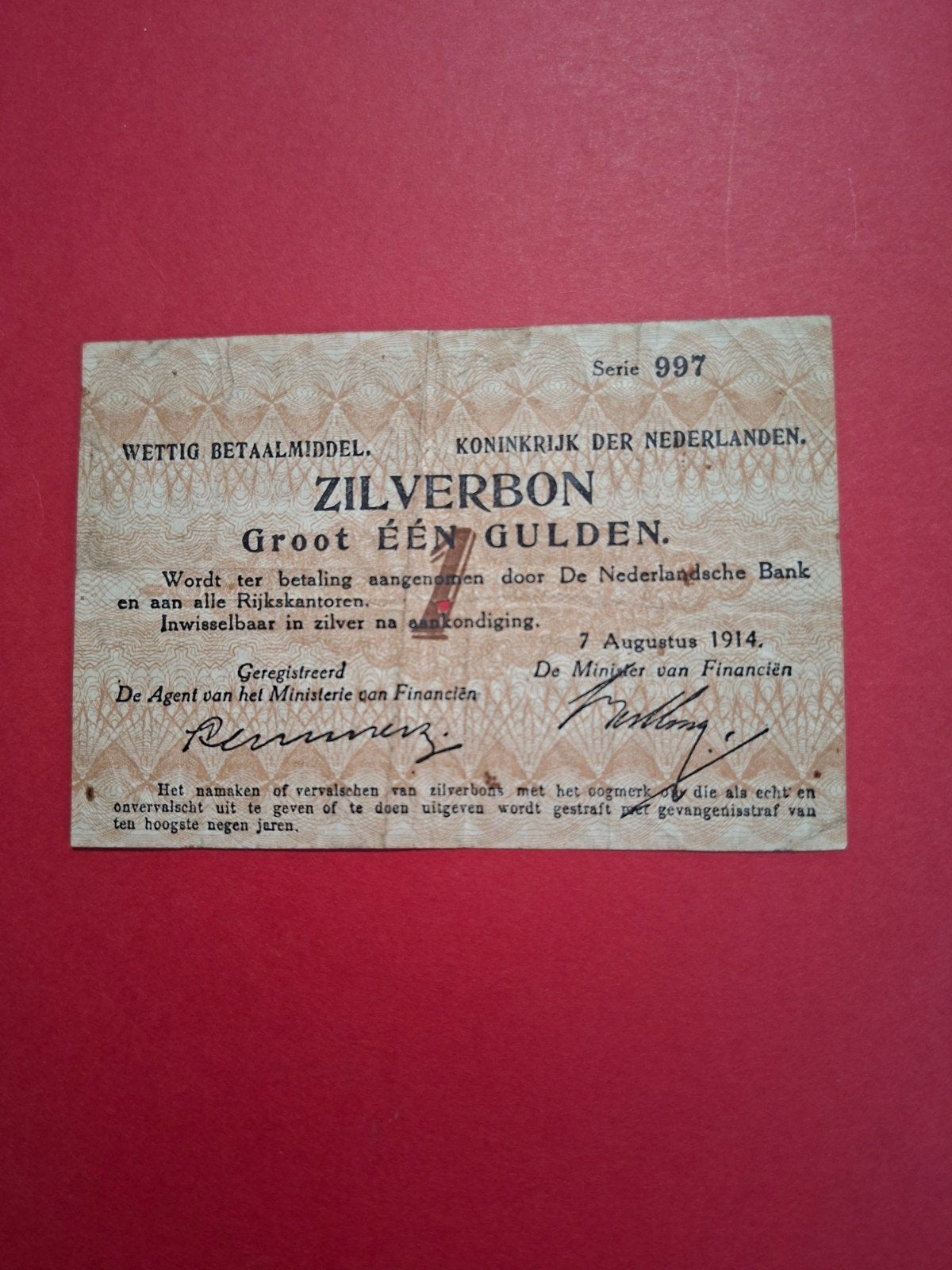1 gulden Zilverbon RRRR uit 1914 in ZF, Postzegels en Munten, Bankbiljetten | Nederland, Ophalen of Verzenden, 1 gulden, Los biljet