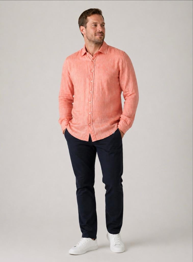 Blue Coast Koraalkleurig Linnen Hemd XL, Ophalen of Verzenden, Zo goed als nieuw, Oranje, Halswijdte 43/44 (XL)