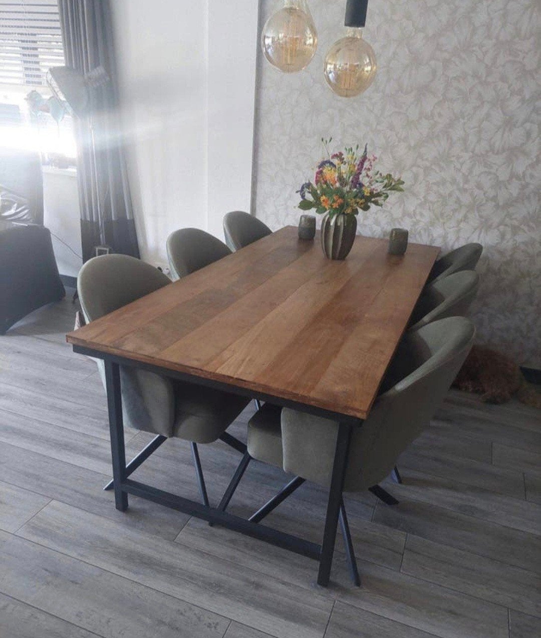Teakhouten eettafel met ijzeren onderstel - 200x100 cm, Huis en Inrichting, Tafels | Eettafels, Ophalen, Gebruikt, Teakhout, 200 cm of meer