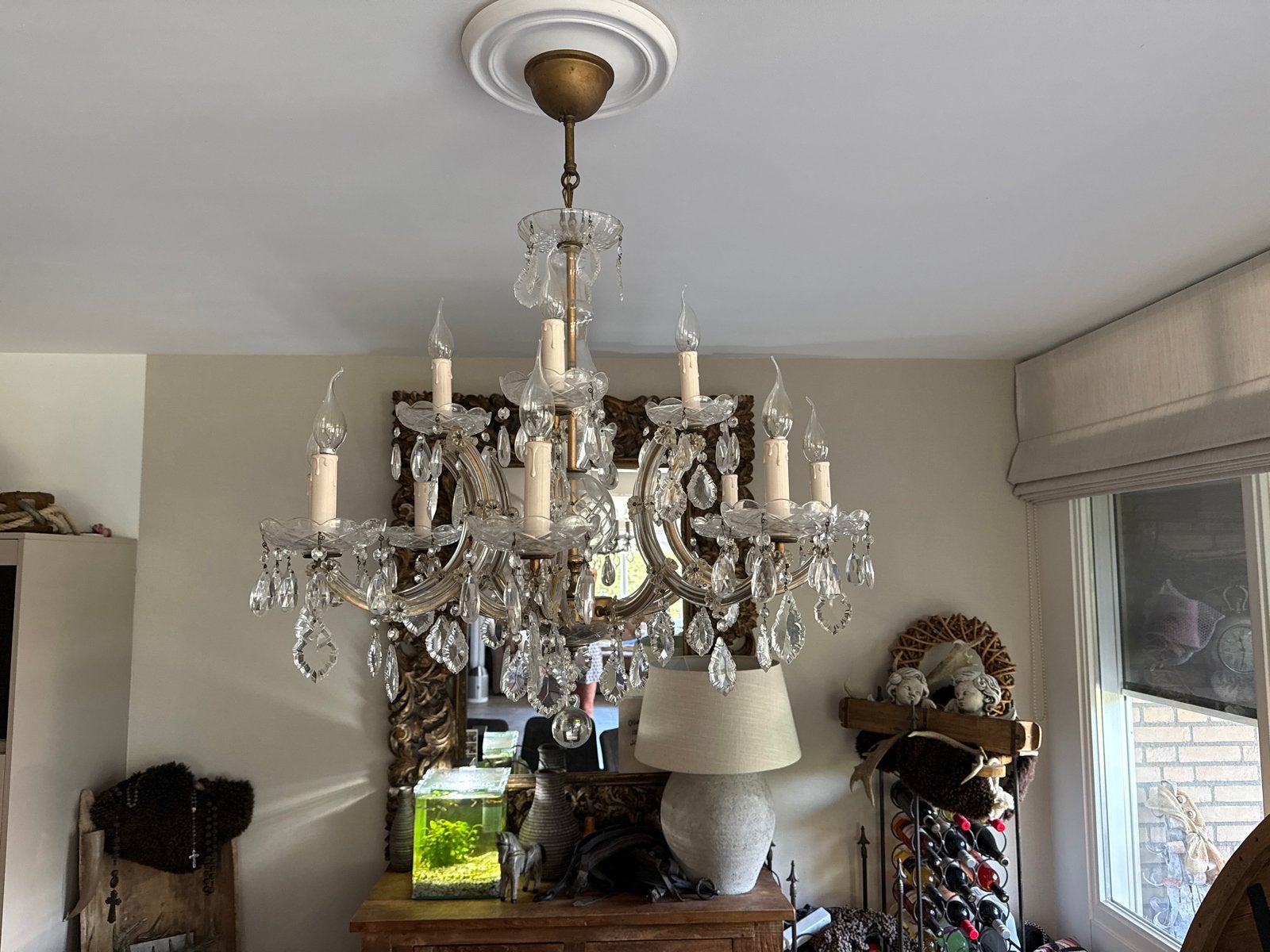 Antieke Kristallen Kroonluchter met 12 Lichtpunten,, Huis en Inrichting, Lampen | Kroonluchters, Ophalen, Gebruikt, Glas, E14 (klein)
