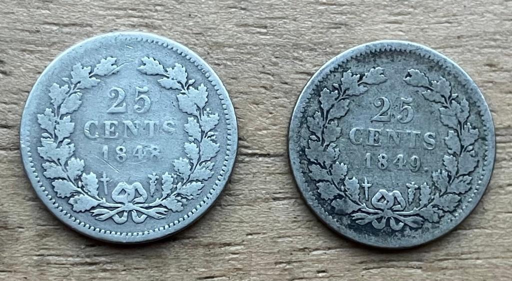 setje 25 cent Willem II (1848 + 1849), Postzegels en Munten, Munten | Nederland, Ophalen, Setje, Zilver, 25 cent