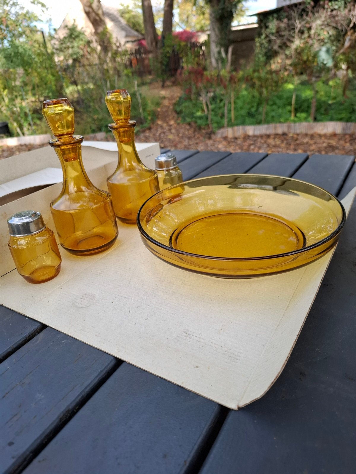 Vintage Bormioli Menage Set 5-delig Amber Glas Jaren '70, Ophalen of Verzenden