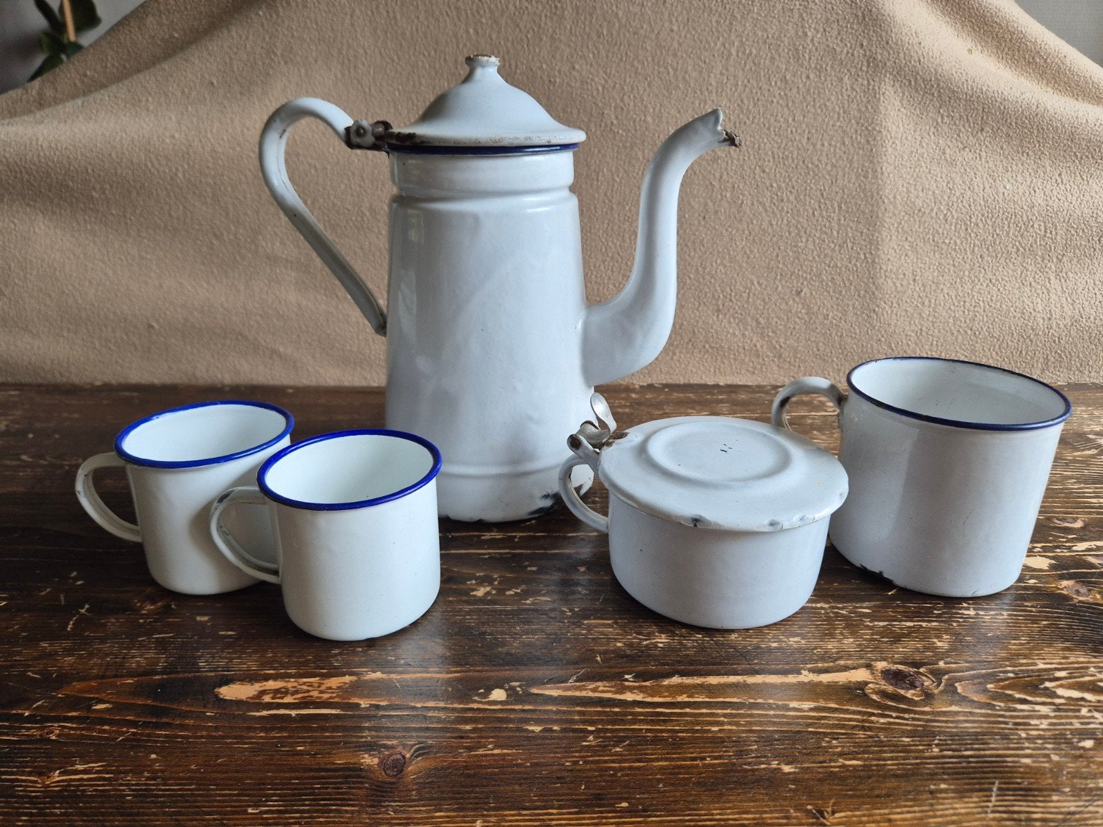 Vintage emaille koffieset  blauw/wit, Antiek en Kunst, Antiek | Emaille, Ophalen of Verzenden