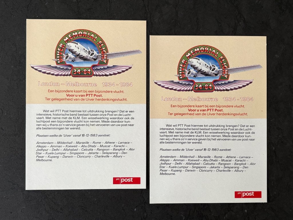Uiver Herdenkingsvlucht - Memorial Flight 1934-1984, Verzamelen, Ophalen of Verzenden, Zo goed als nieuw, Kaart, Foto of Prent