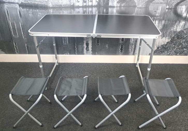 Klaptafel met 4 krukjes - 120x60 cm - Campingtafel -, Ophalen of Verzenden, Zo goed als nieuw, Campingtafel