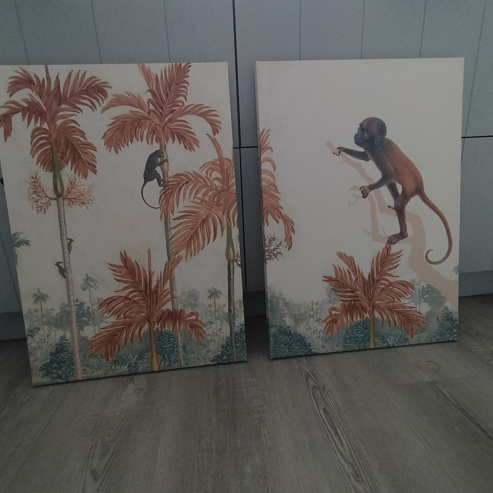 Set van 2 Canvas Schilderijen met Apen en Palmbomen, Ophalen, Doek, Realistisch, Dieren