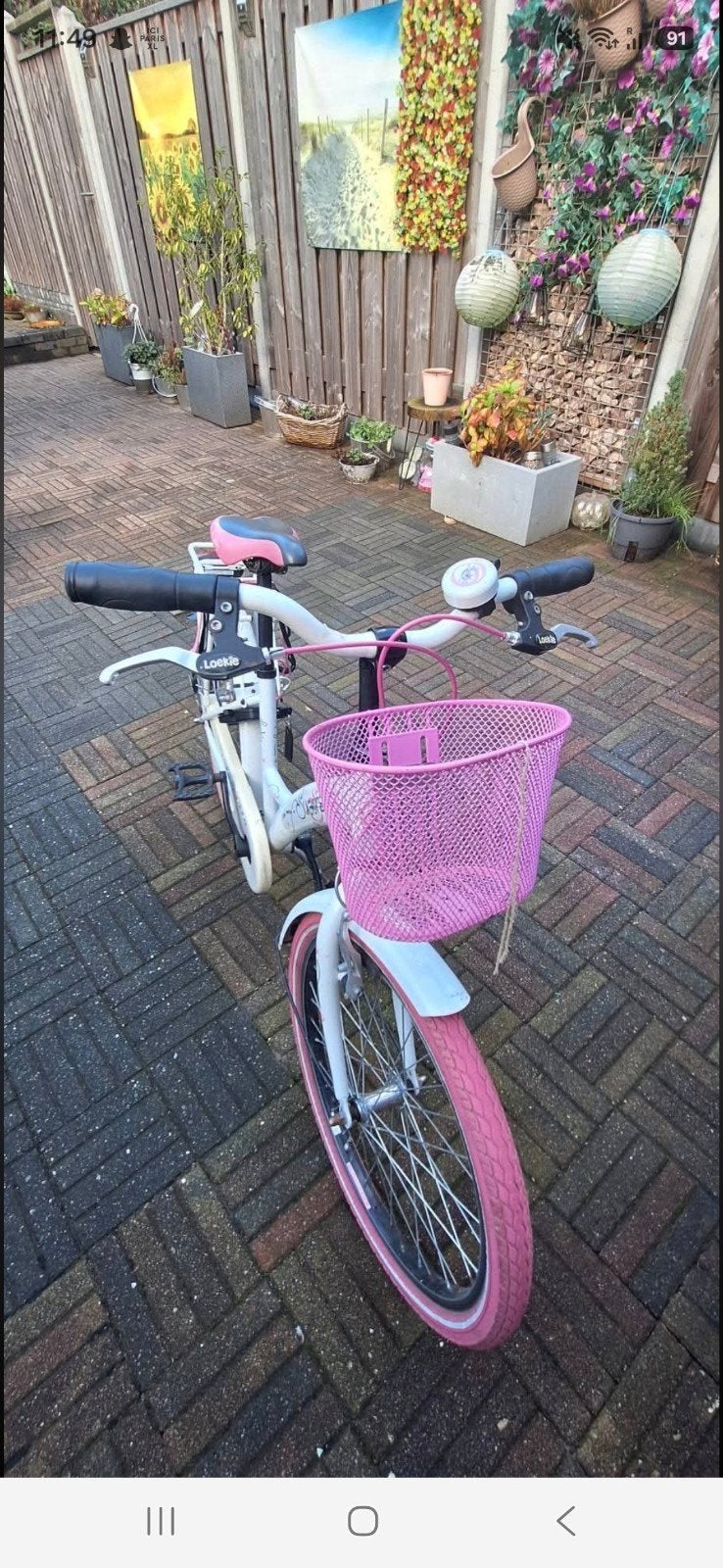 Kinderfiets wit/roze met mandje, Ophalen, Terugtraprem, Onbekend, 16 tot 20 inch