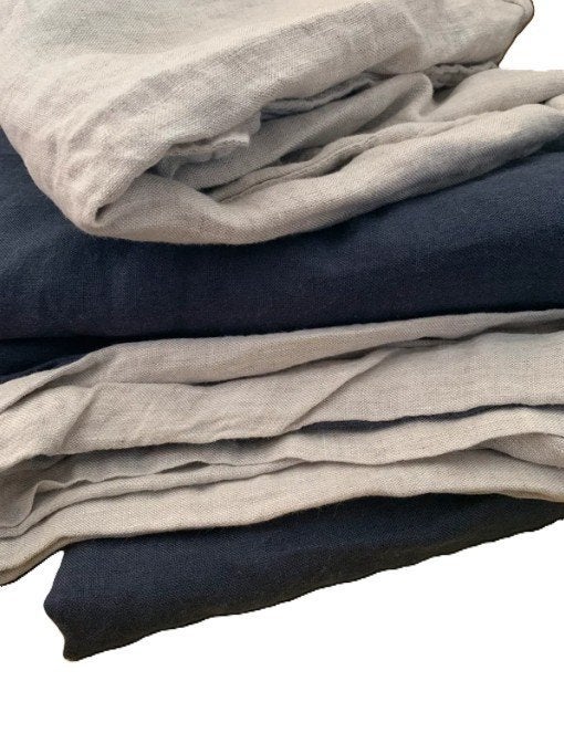 100% linnen dekbedovertrek 240x220 met slopen Navy/zand, Dubbelzijdig bruikbaar, Blauw, Ophalen of Verzenden, Linnen