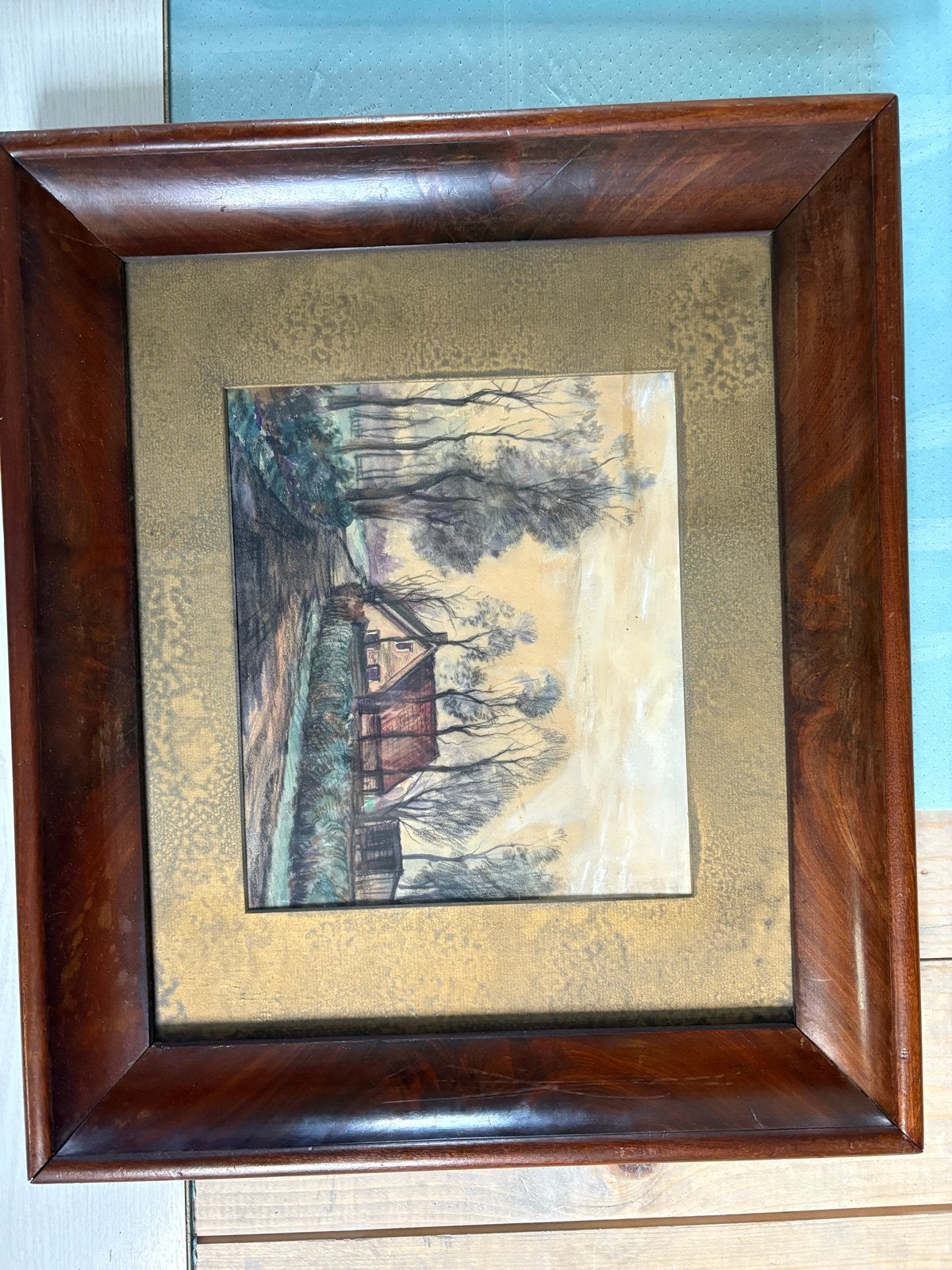 Oud Hollands Landschap Schilderij in Houten Lijst, Antiek en Kunst, Oud hollands, Ophalen of Verzenden, Landschap, Aquarel