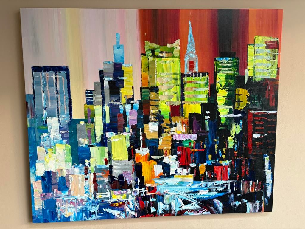 Stadsgezicht schilderij, kleurrijk 120x100, Antiek en Kunst, Ophalen