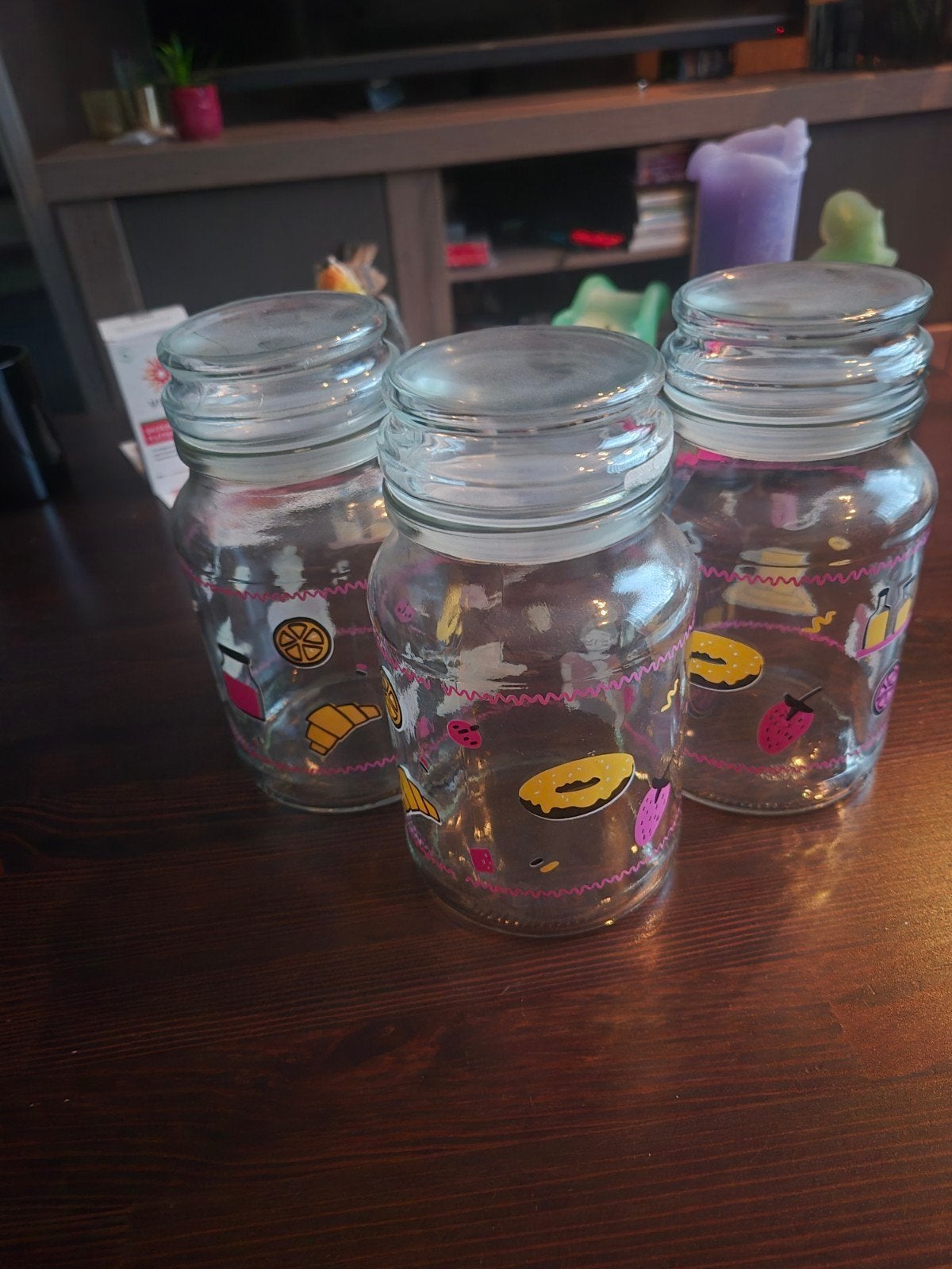 Set van 3 glazen voorraadpotten met vrolijke opdruk, Huis en Inrichting, Ophalen of Verzenden, Voorraadpot, Meerkleurig, Overige merken