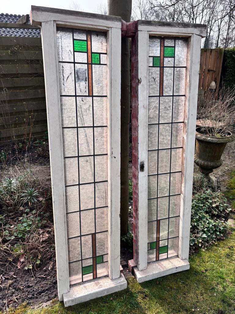 Antieke kozijnen met glas in lood, Doe-het-zelf en Verbouw, Glas en Ramen, Gebruikt, Gevelraam of Ruit, Minder dan 80 cm, Glas in lood