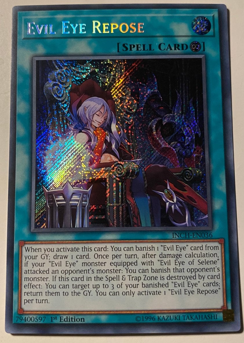 Yu-Gi-Oh! Evil Eye Repose INCH 1st Edition !, Ophalen of Verzenden, Zo goed als nieuw, Losse kaart, Foil