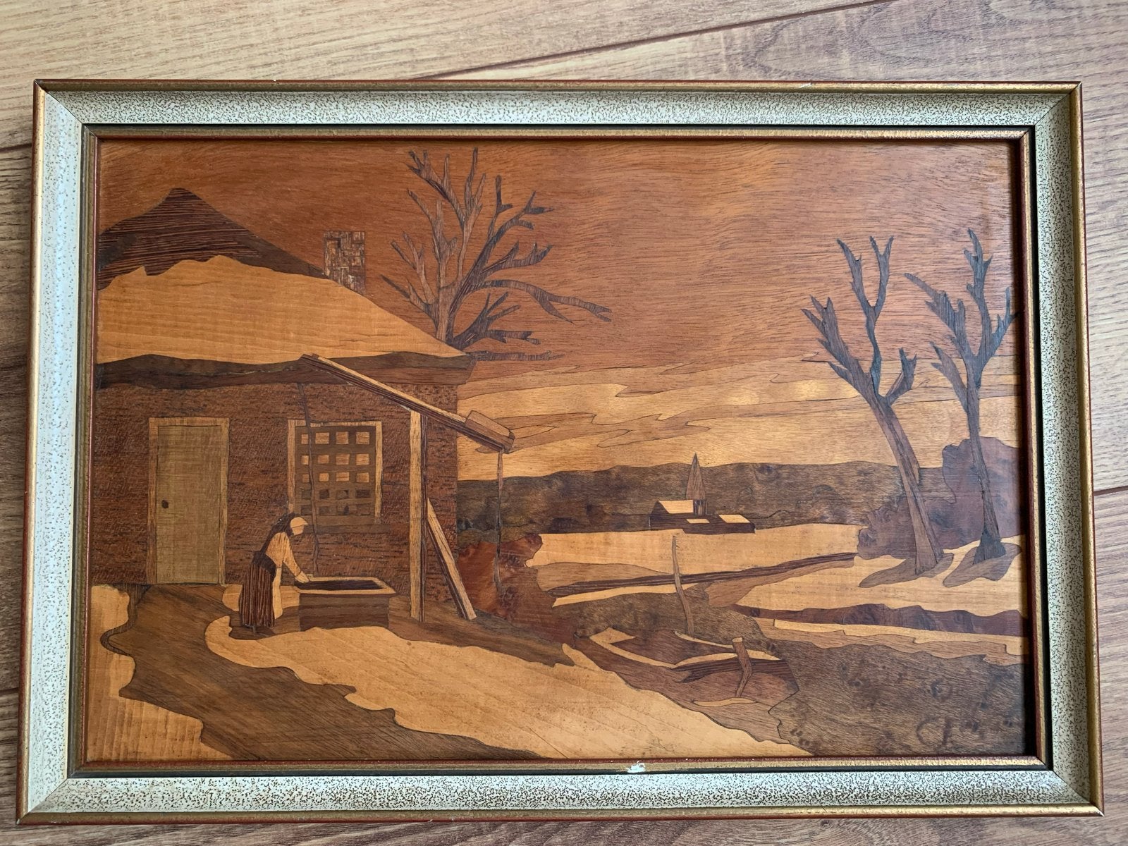 Vintage Houten Inlegwerk Schilderij: Winterlandschap, Antiek en Kunst, Realistisch, Ophalen of Verzenden, Landschap, Ingelijst