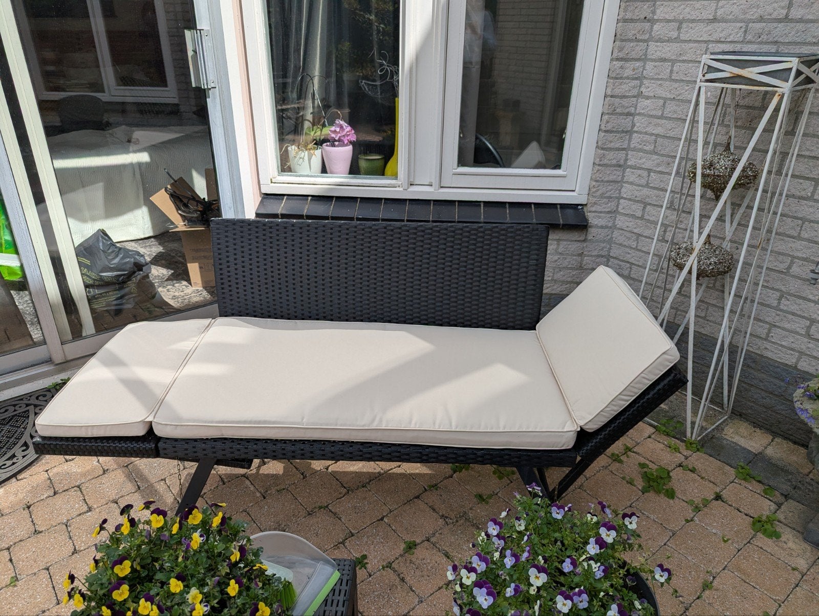 Zwarte Wicker Loungeset met Ligbed, stoelen en tafeltjes, Ophalen, Gebruikt, 3 zitplaatsen, Loungeset