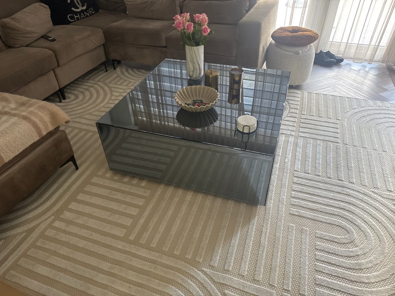 Moderne glazen salontafel 100x100 cm, Huis en Inrichting, Ophalen, 100 tot 150 cm, Vierkant, Glas