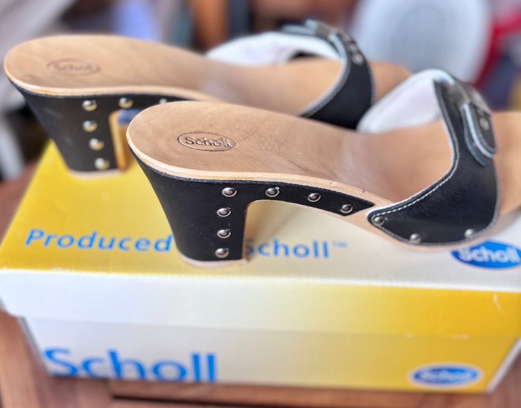 Dr.Scholl zwart leer/hout muilen maat 40, Zwart, Dr.Scholl, Zo goed als nieuw, Sandalen of Muiltjes