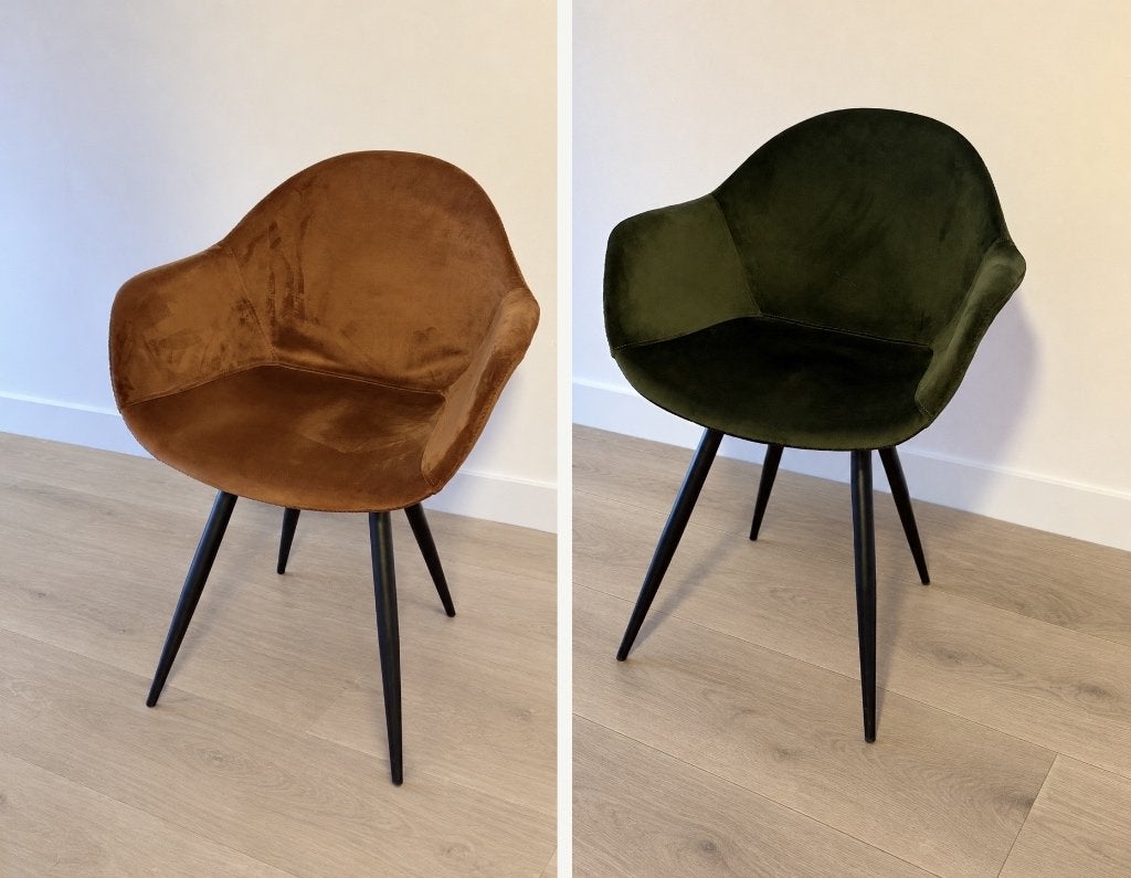 4 Eetkamerstoelen velvet cognac en groen. €60 p/st, €200 4st, Ophalen, Overige kleuren, Velvet, Zo goed als nieuw