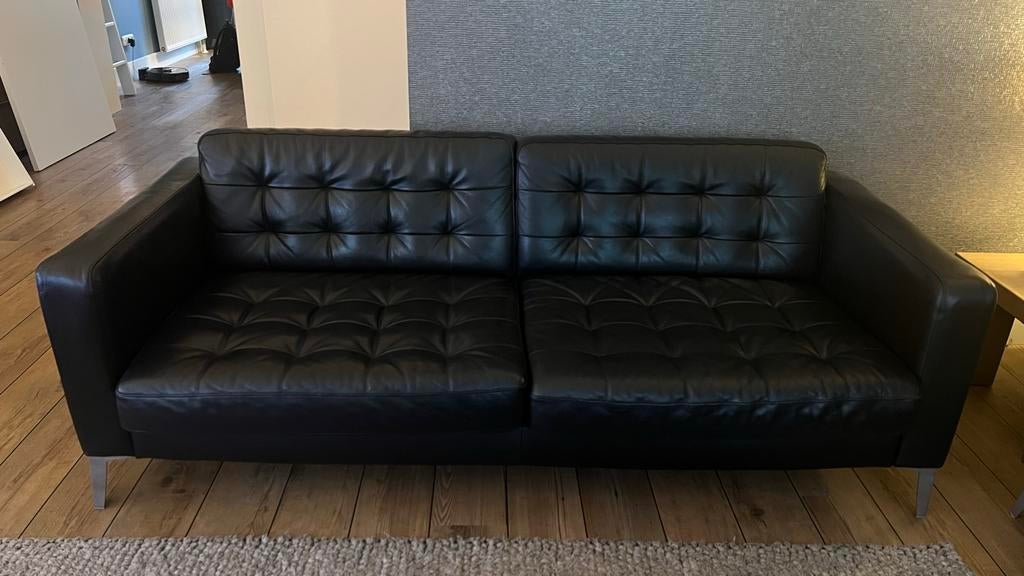IKEA Landskrona/Karlstad 3-zits bank zwart leer, Ophalen, Gebruikt, Driepersoons, Rechte bank