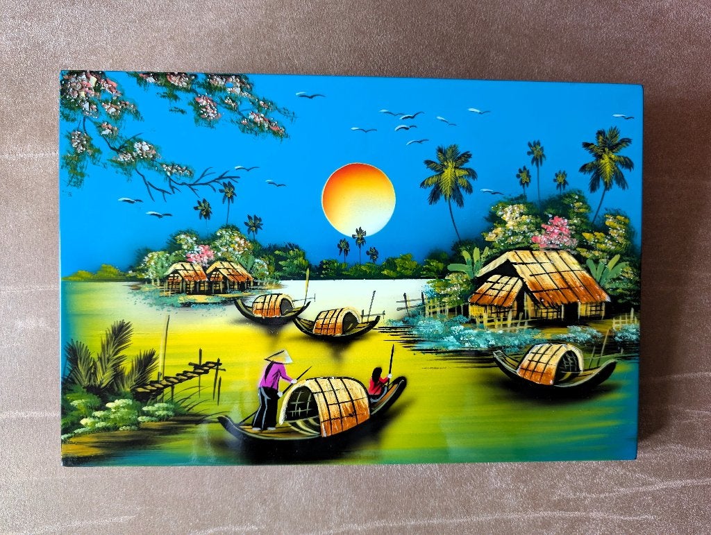 Vietnamese lakschilderij (Tranh Sơn Mài) in nieuwstaat, Ophalen of Verzenden, Ophangklaar, Gemengde techniek, Landschap