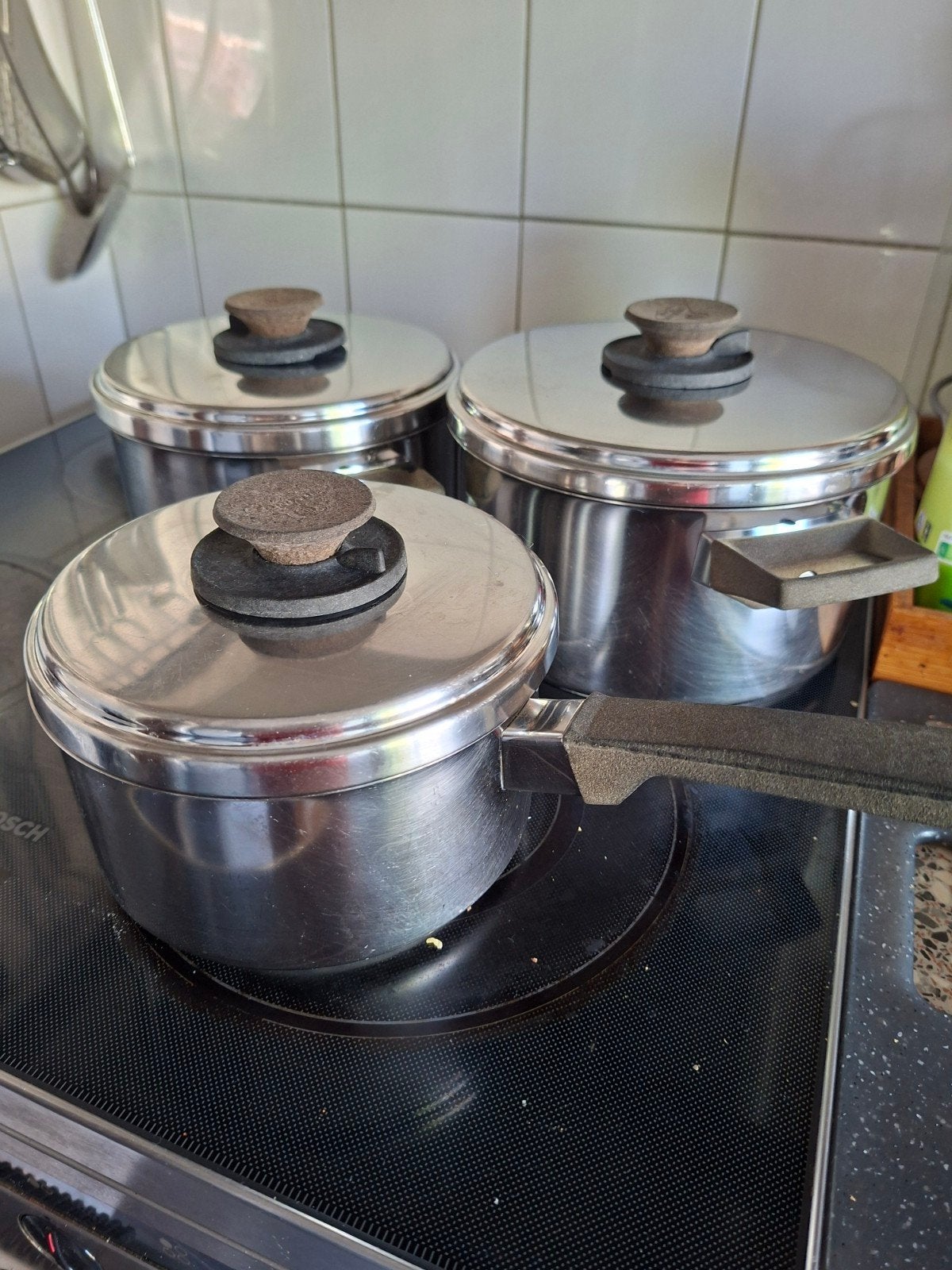 kookpannen 3 stuks, Huis en Inrichting, Keuken | Potten en Pannen, Ophalen, Demeyere, Gebruikt, Pannenset