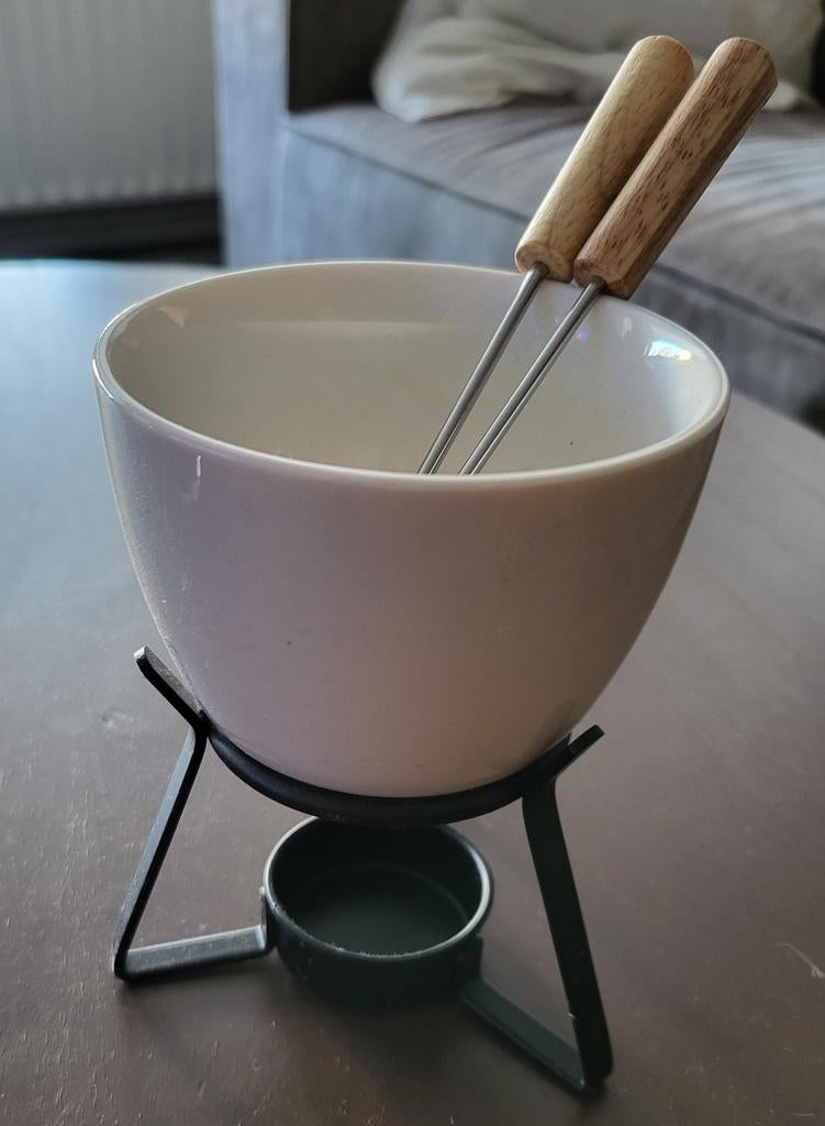 Mini Fondue Set - Keramiek met Houten Vorkjes, Ophalen of Verzenden, Zo goed als nieuw, Waxinelicht, Fondueset