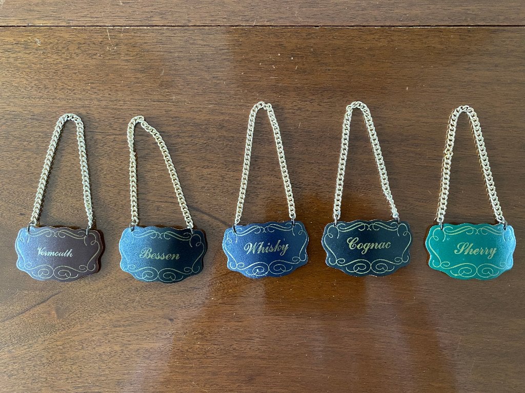 Vintage lederen karaflabels / drankenlabels set van 5., Antiek en Kunst, Ophalen of Verzenden