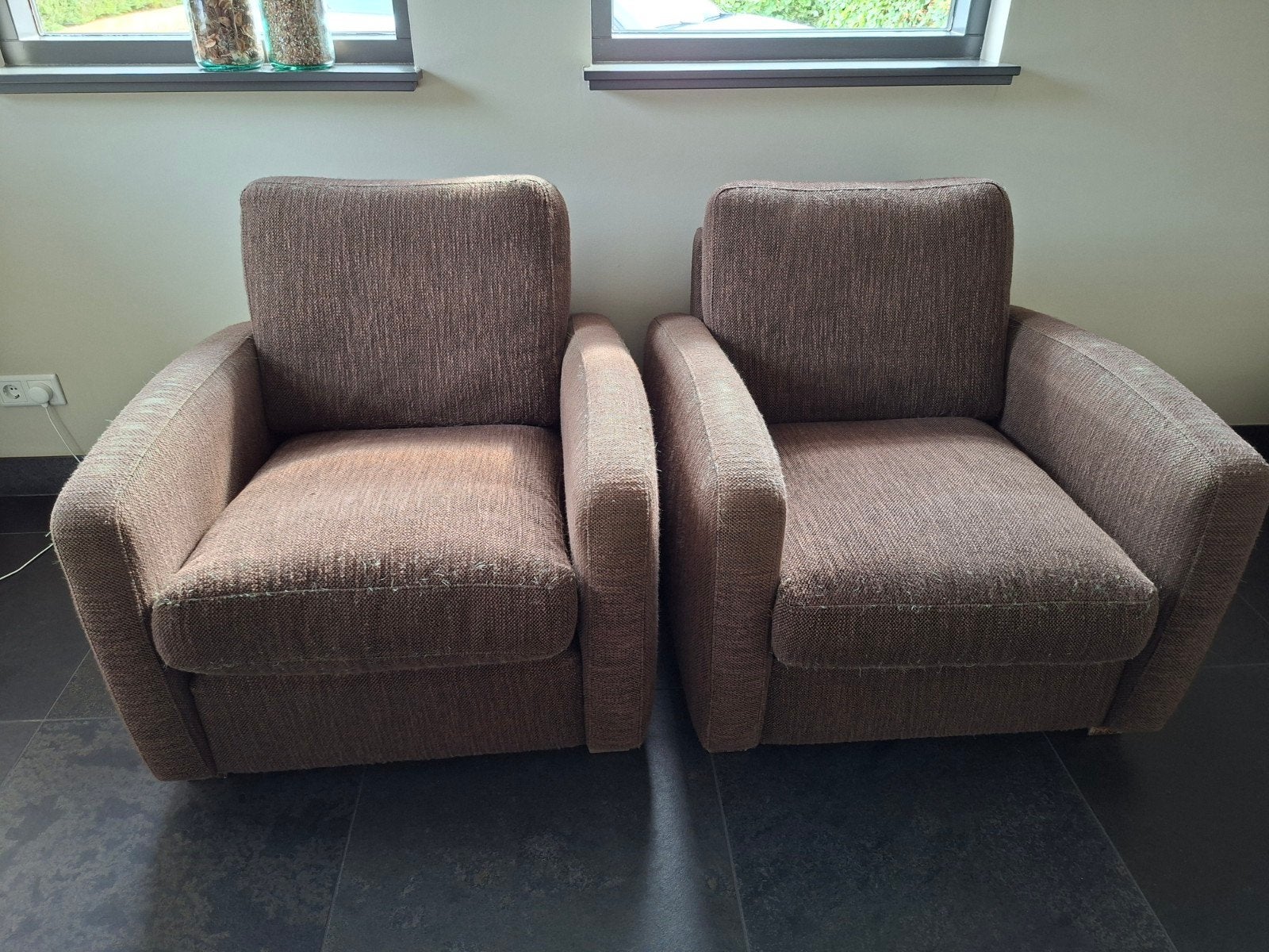 2 fauteuils met hocker in bruine stof, Ophalen, Gebruikt, Stof