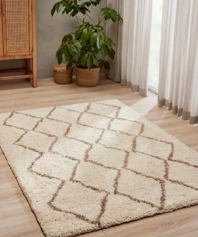 Beige creme vloerkleed geruit 160x230 cm, Ophalen, Gebruikt, Beige, 150 tot 200 cm
