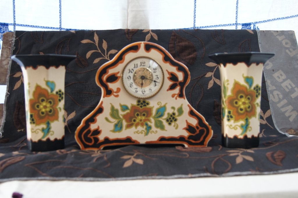 Vintage Schouwklok met Vazen Set - Handgeschilderd, Ophalen of Verzenden