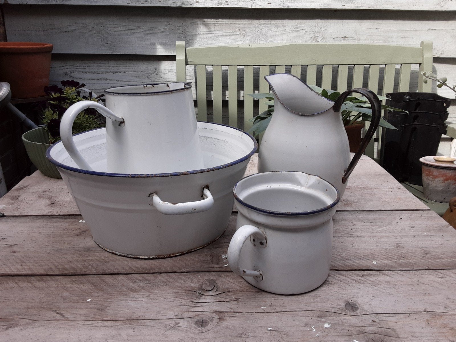 Gebruikte set van emaille kannen en teil- brocante, Antiek en Kunst, Antiek | Emaille, Ophalen
