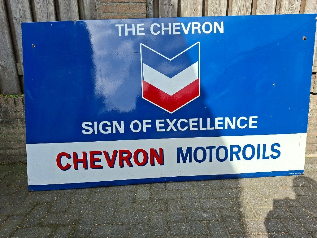Vintage Chevron Motor Oils Emaille Reclamebord, Antiek en Kunst, Ophalen