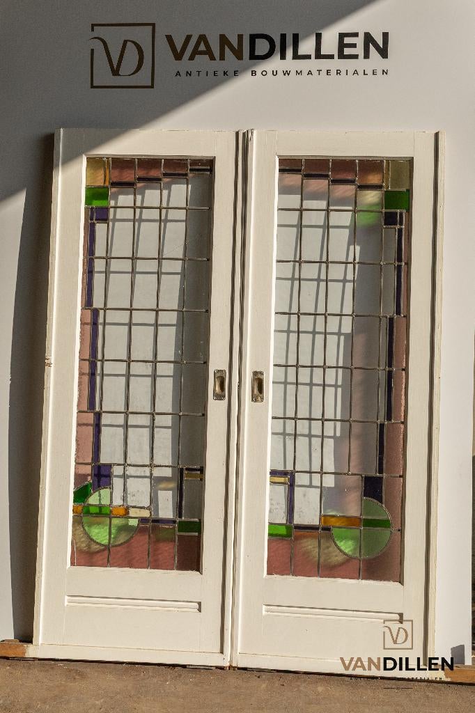 Set antieke en-suite / schuifdeuren glas in lood 211 x 155, Ophalen, Gebruikt, 120 cm of meer, Binnendeur