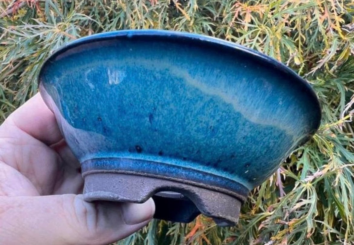 Bonsai schaal blauw geglazuurd Japans aardewerk 12,5x4,6, Rond, Ophalen of Verzenden, Zo goed als nieuw, Aardewerk
