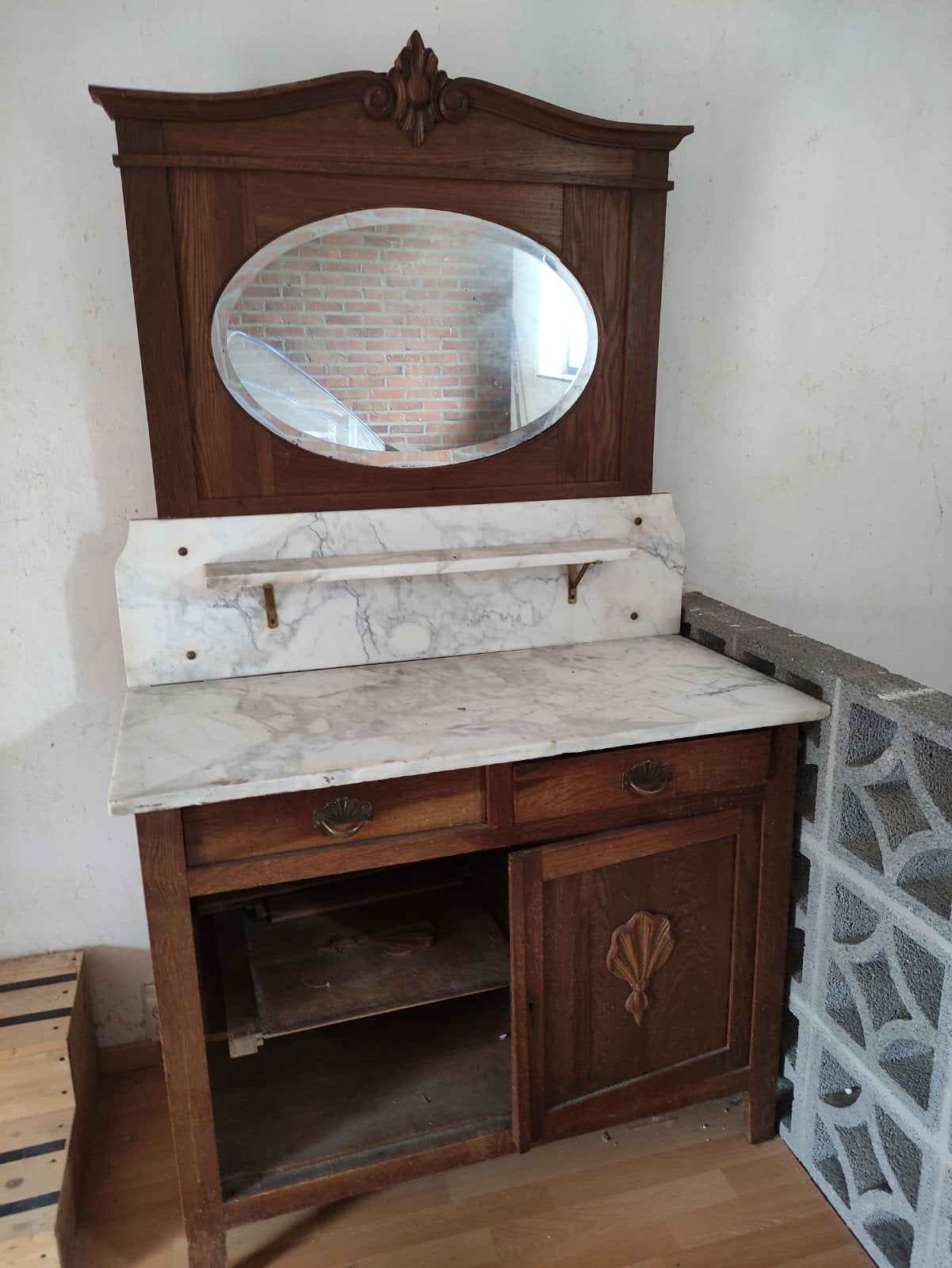 Waskast eikenhouten kast marmeren blad was kast vintage, Antiek en Kunst, Ophalen