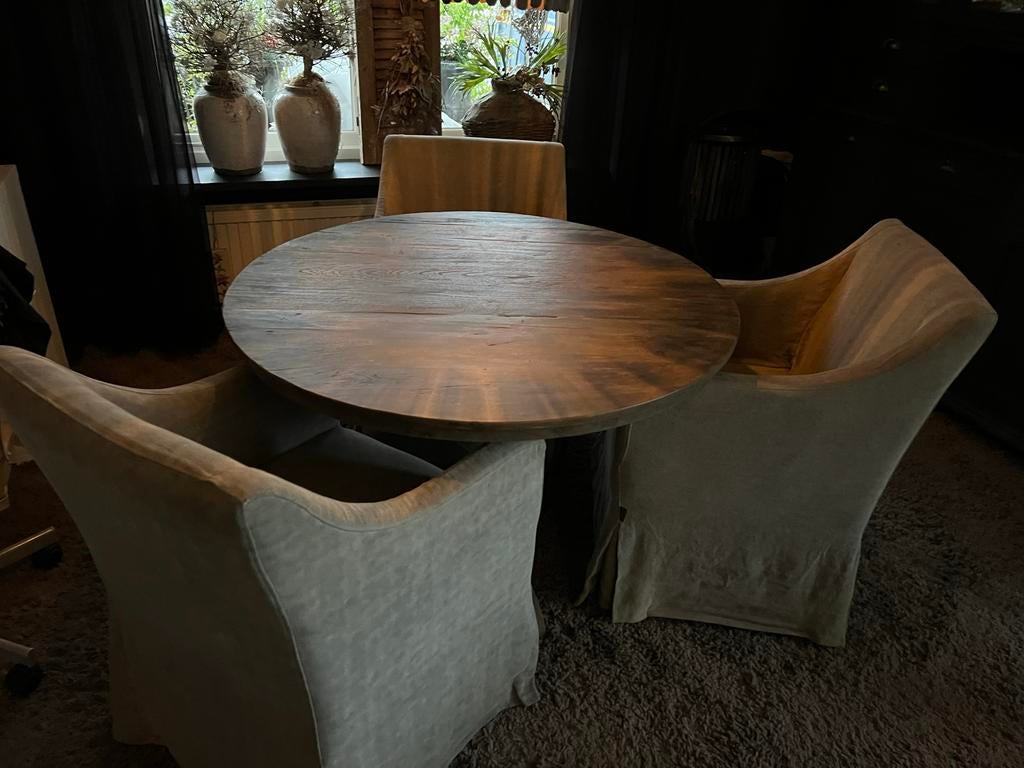 Aura Peeperkorn ronde eettafel met 3 stoelen, Huis en Inrichting, Tafels | Eettafels, Gebruikt, Drie personen, Rond, Overige houtsoorten