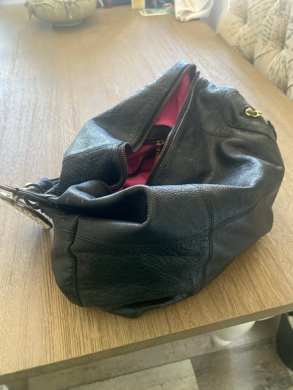 Fab. zwarte leren handtas met roze voering, Ophalen of Verzenden, Gebruikt, Zwart, Handtas