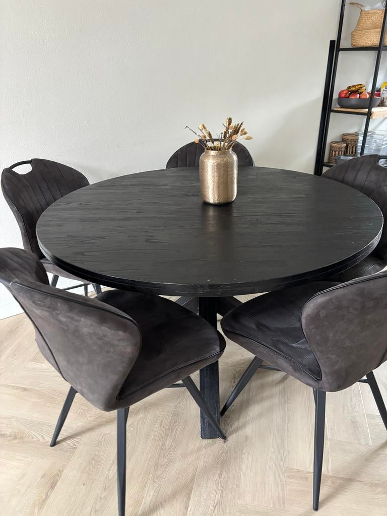 Ronde eetkamertafel (130cm) met 5 antraciete stoelen, Ophalen, 100 tot 150 cm, Rond, Zo goed als nieuw