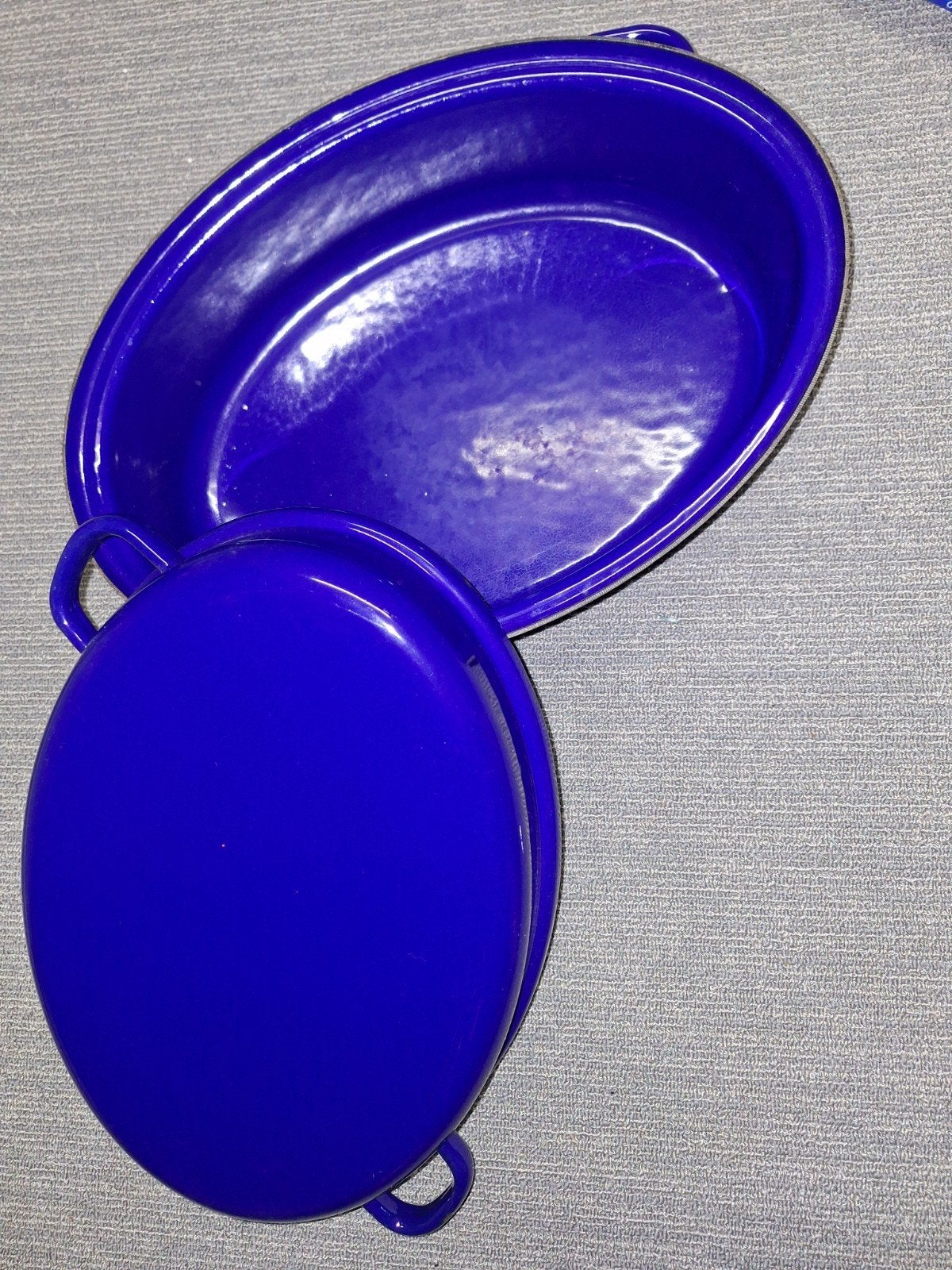 Ovale blauwe emaille braadpan met deksel, Ophalen, Gebruikt, Braadpan, Met deksel