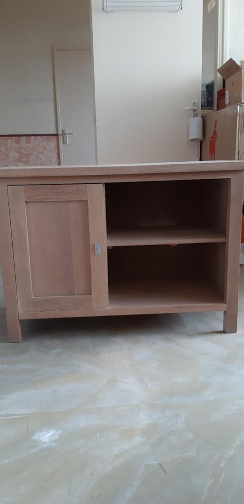 Massief eikenhouten audiomeubel / tv-meubel, Ophalen, Gebruikt, 100 tot 150 cm, Eikenhout