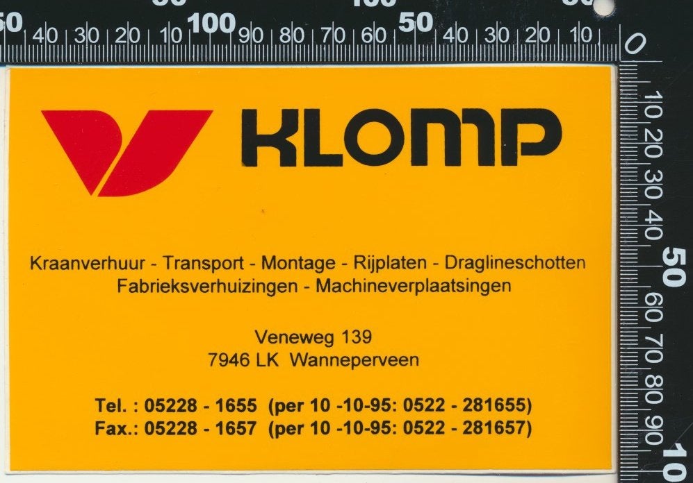Sticker: Klomp Kraanverhuur Transport - Wanneperveen, Verzenden, Zo goed als nieuw, Bedrijf of Vereniging