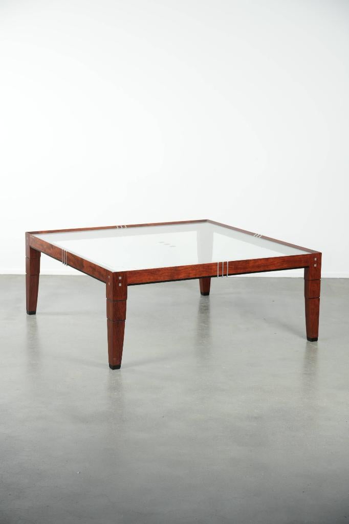 Vierkante Art Deco salontafel van Schuitema met glazen blad, Huis en Inrichting, Ophalen, Gebruikt, 100 tot 150 cm, .