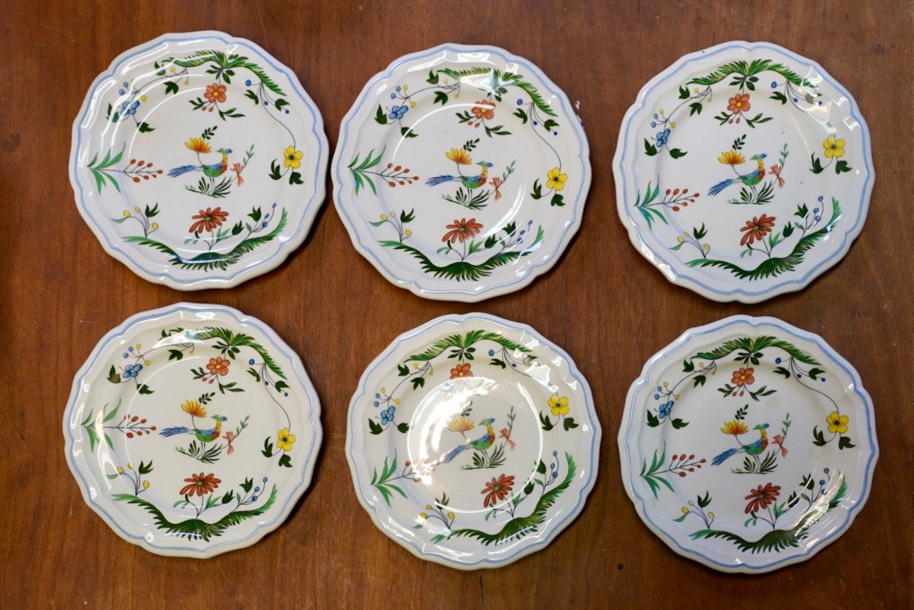 6 Gien France dessertbordjes – Oiseaux de Paradis, Overige merken, Klassiek, Ophalen of Verzenden, Zo goed als nieuw
